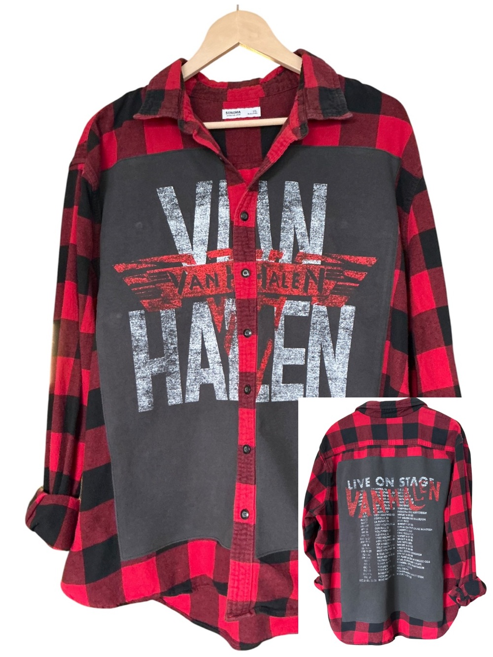 Van Halen Upcycled Flannel Shirt Band T Shirt Shacket Boyfriend Oversized Jacket